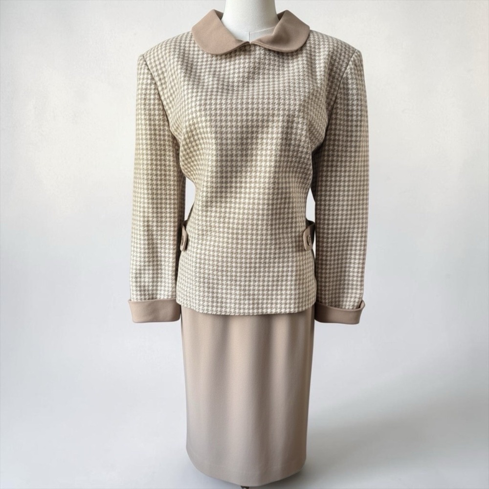 Vintage William Pearson Tan Houndstooth Skirt Suit Jacket 12 Skirt 14